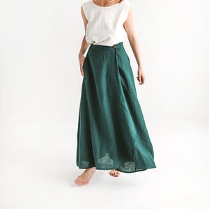 Long Linen wrap skirt, dark green MAXI linen skirt, A line wrap skirt, skirt with pockets, long linen skirt for woman, linen maxi skirt