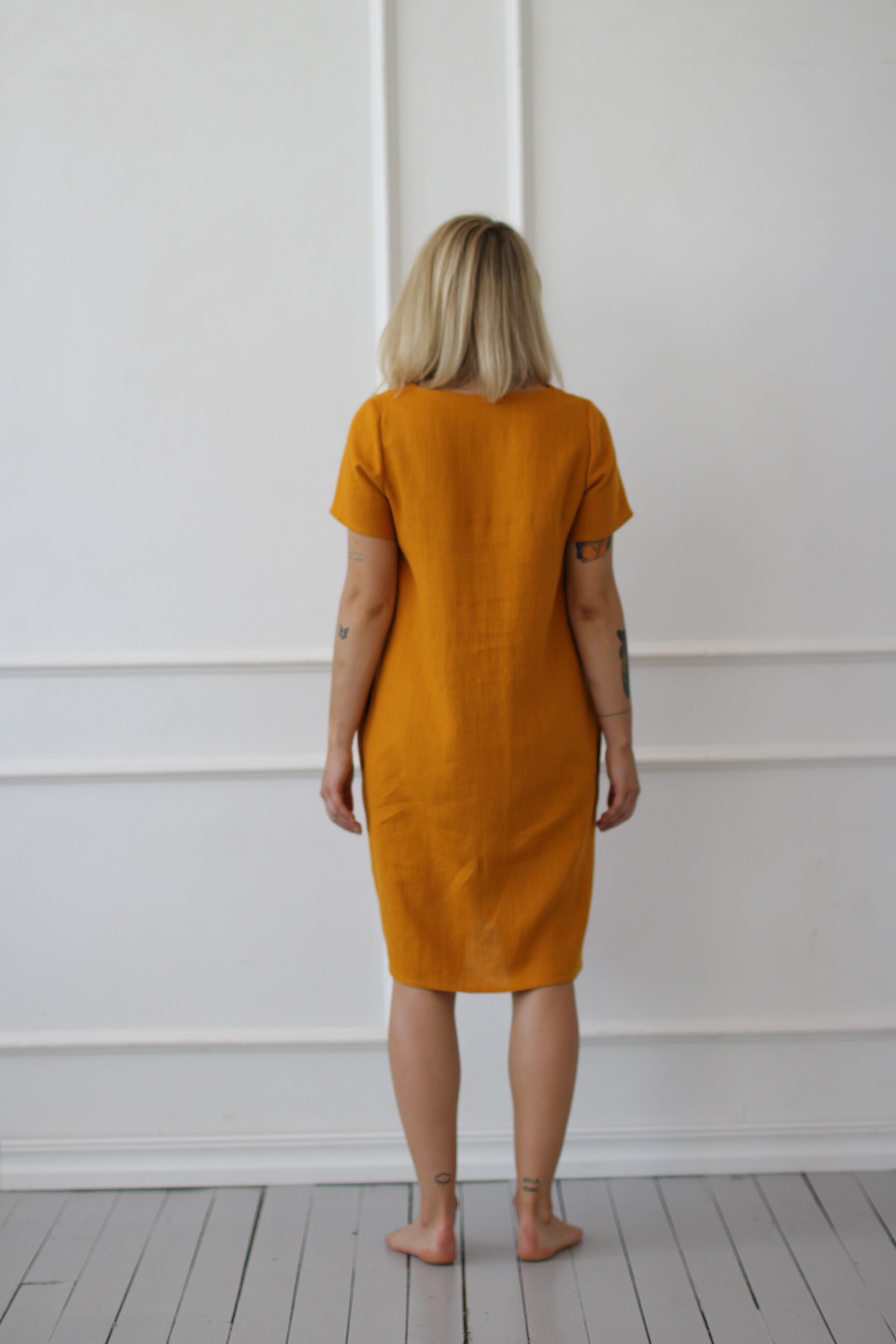 Linen Mustard Dress Short Sleeve Dress With Pockets Loose Etsy