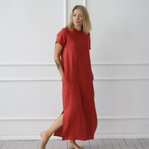 Long linen dress, Lithuanian linen short sleeve dress with pockets, lose long handmade lithuanian linen dress