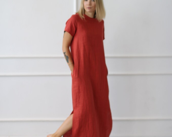 Long Linen Dress Lithuanian Linen Short Sleeve Dress With Etsy