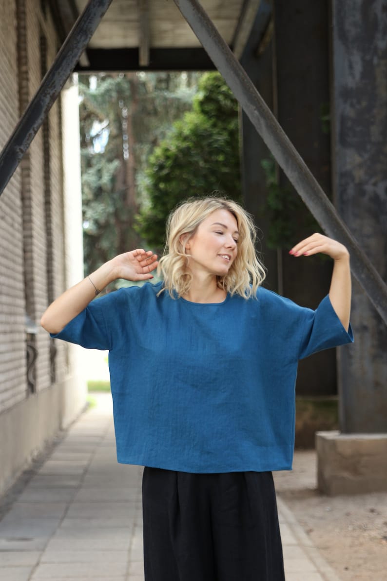 loose linen top with drop shoulder sleeves available in 31 color linen blouse Square linen top oversized linen top