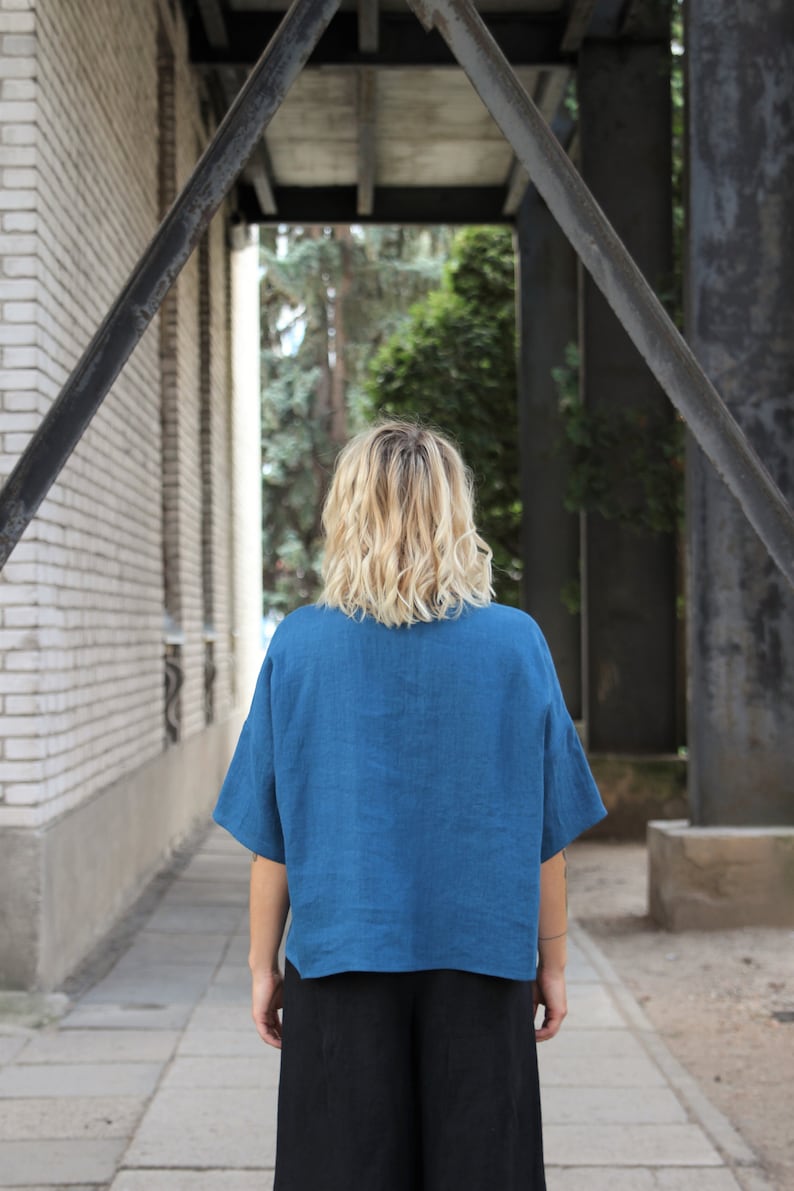 loose linen top with drop shoulder sleeves available in 31 color linen blouse Square linen top oversized linen top