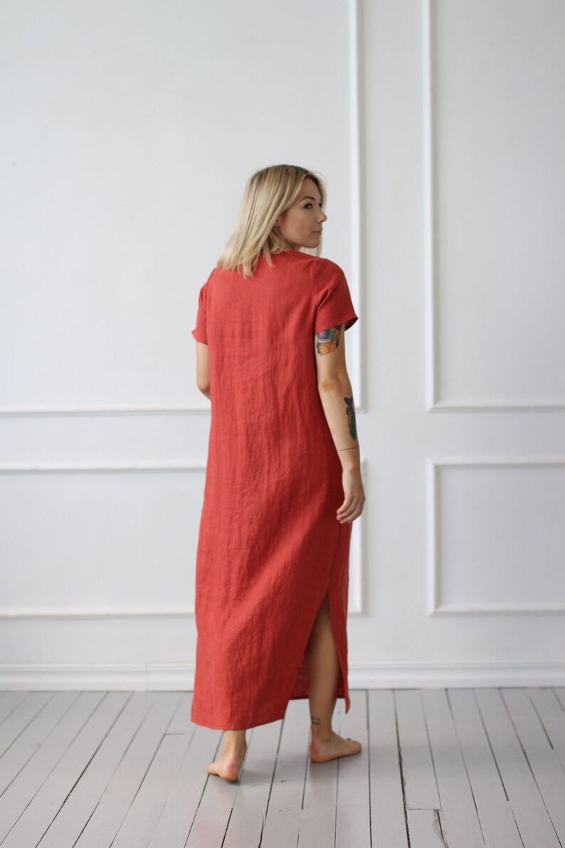 Long linen dress Lithuanian linen short sleeve dress with Etsy