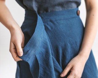 Linen wrap skirt, dark blue midi linen skirt, A line wrap skirt, red skirt with pockets, long linen skirt for woman, linen mid calf skirt