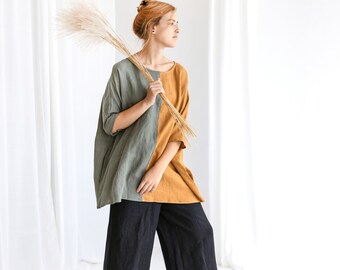 Linen Tunic in Two Colour Blocks, Oversized Linen Shirt, Linen Tunic Blouse, Kimono Style Tunic, Loose fit