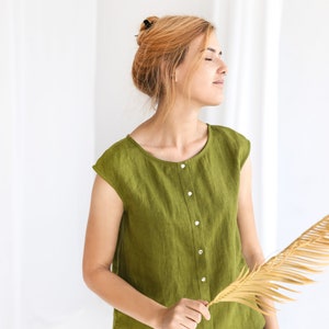 Cap sleeve linen shirt with snaps, moss green top PALMA, round neck linen blouse, sleeveless blouse