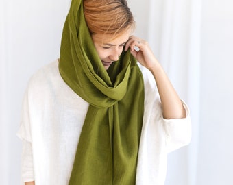 Long soft linen scarf, unisex green scarf, large natural linen moss green