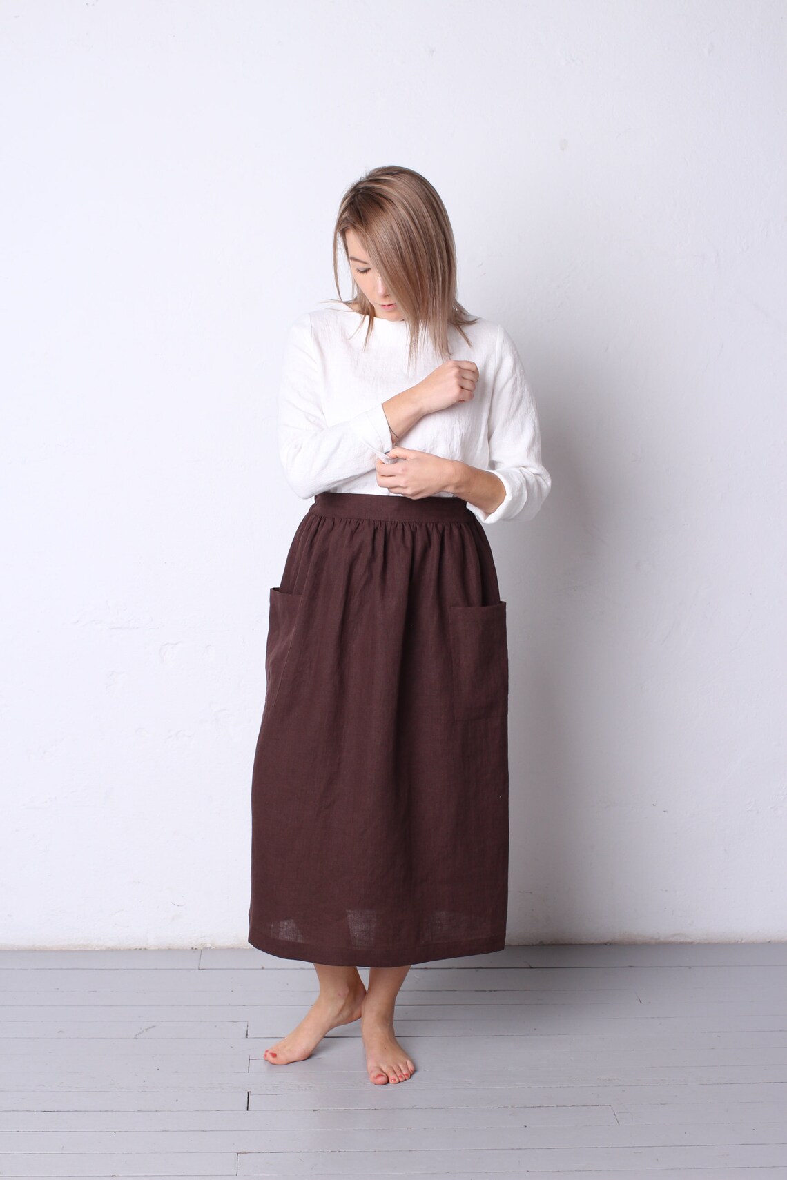 European Linen Smocked Waist Skirt with Pockets