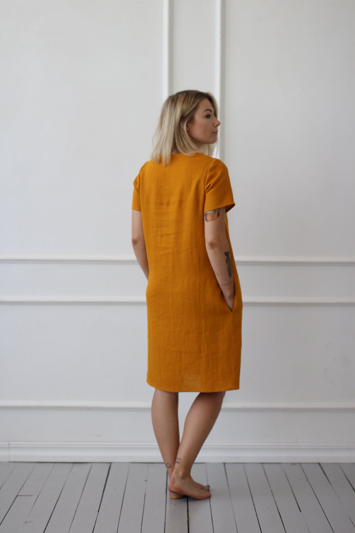 Linen Mustard Dress Short Sleeve Dress With Pockets Loose Etsy