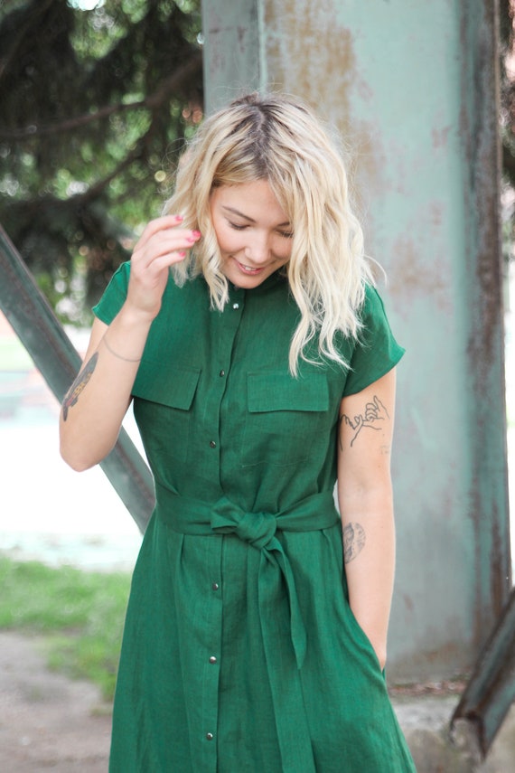 Vestido de lino largo, vestidos de lino para mujer con cuello, vestido con  cinturón verde, vestido de lino natural, vestido de manga de kimono con  bolsillos -  México