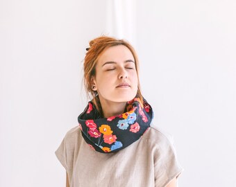 Wrap Linen Scarf for Women, black Infinity Floral Scarf, Circle Loop Scarf, Baltic linen, gift