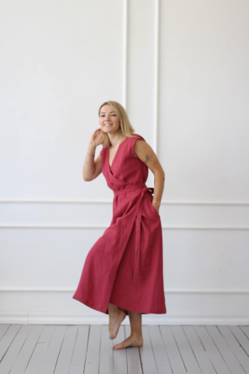 Long Linen Wrap Dress Wraparound Pocket Dress Lithuanian Etsy
