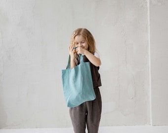 Kids Linen Tote Bag, Green Washable zero waste bag for kindergarten and school, Linen tote, linen shoulder bag, minimalist eco reusable bag