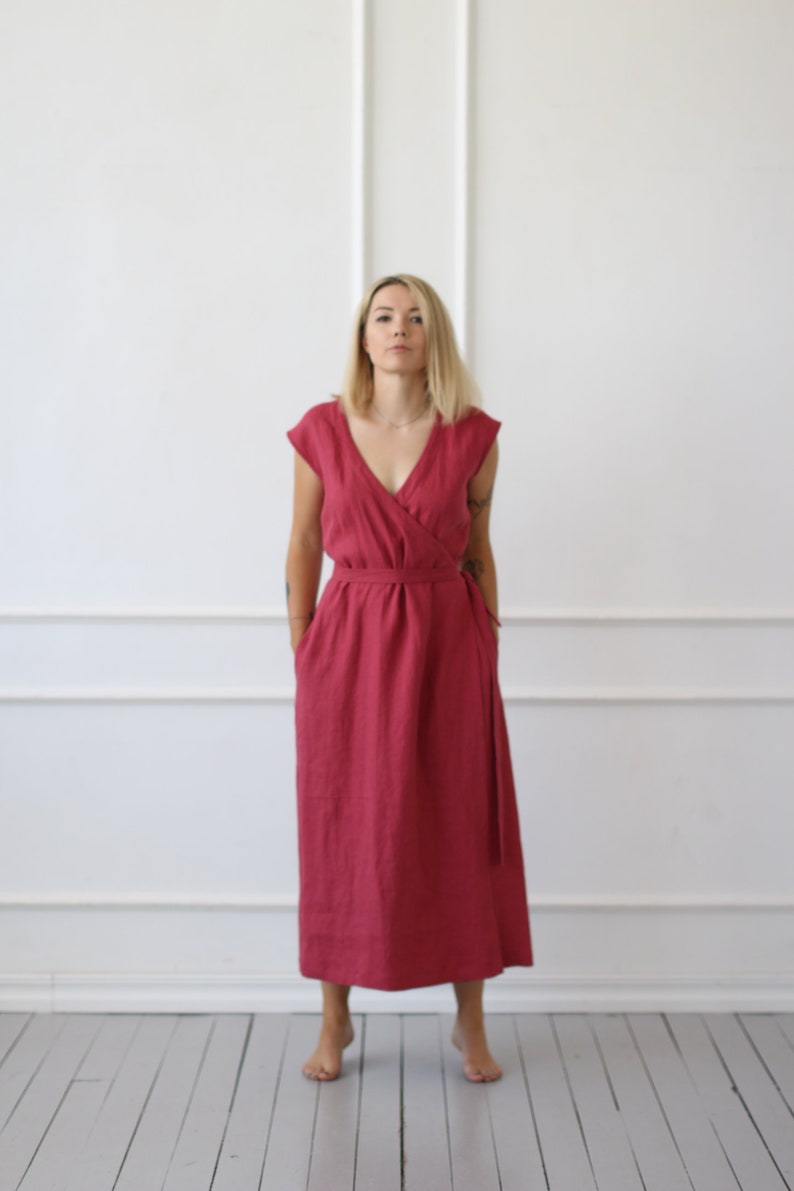 Long Linen Wrap Dress Wraparound Pocket Dress Lithuanian Etsy