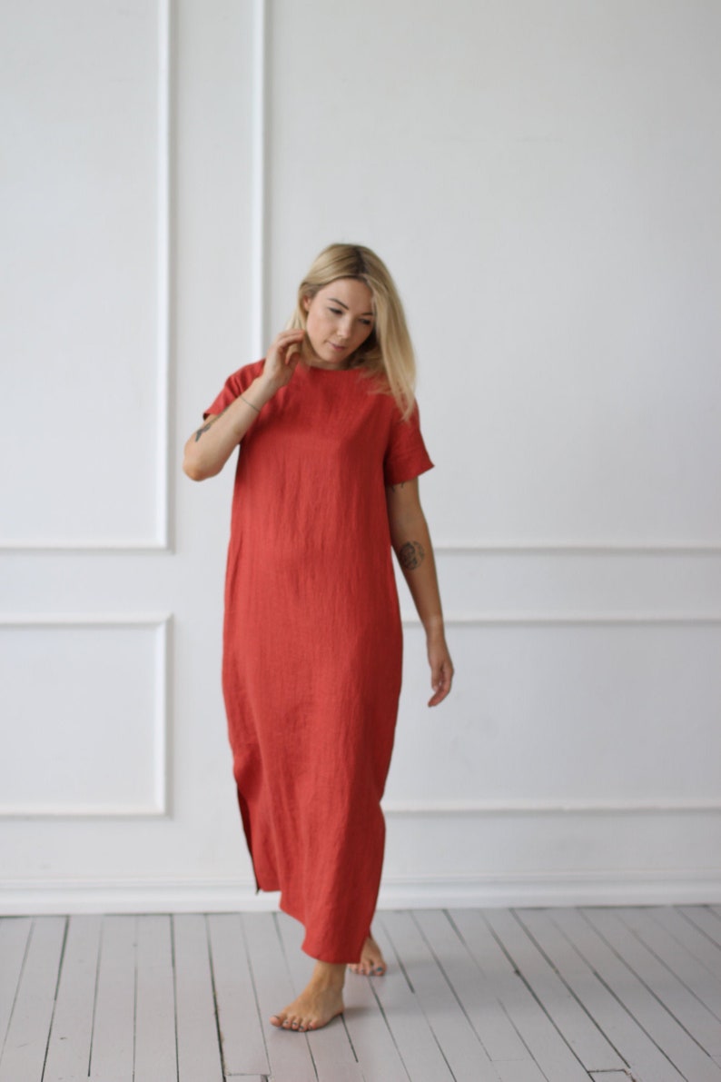 Long linen dress Lithuanian linen short sleeve dress with Etsy