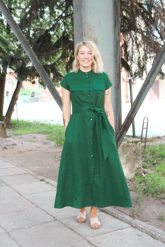 Linen Dress Long, Linen Dresses for Women With Collar, Green