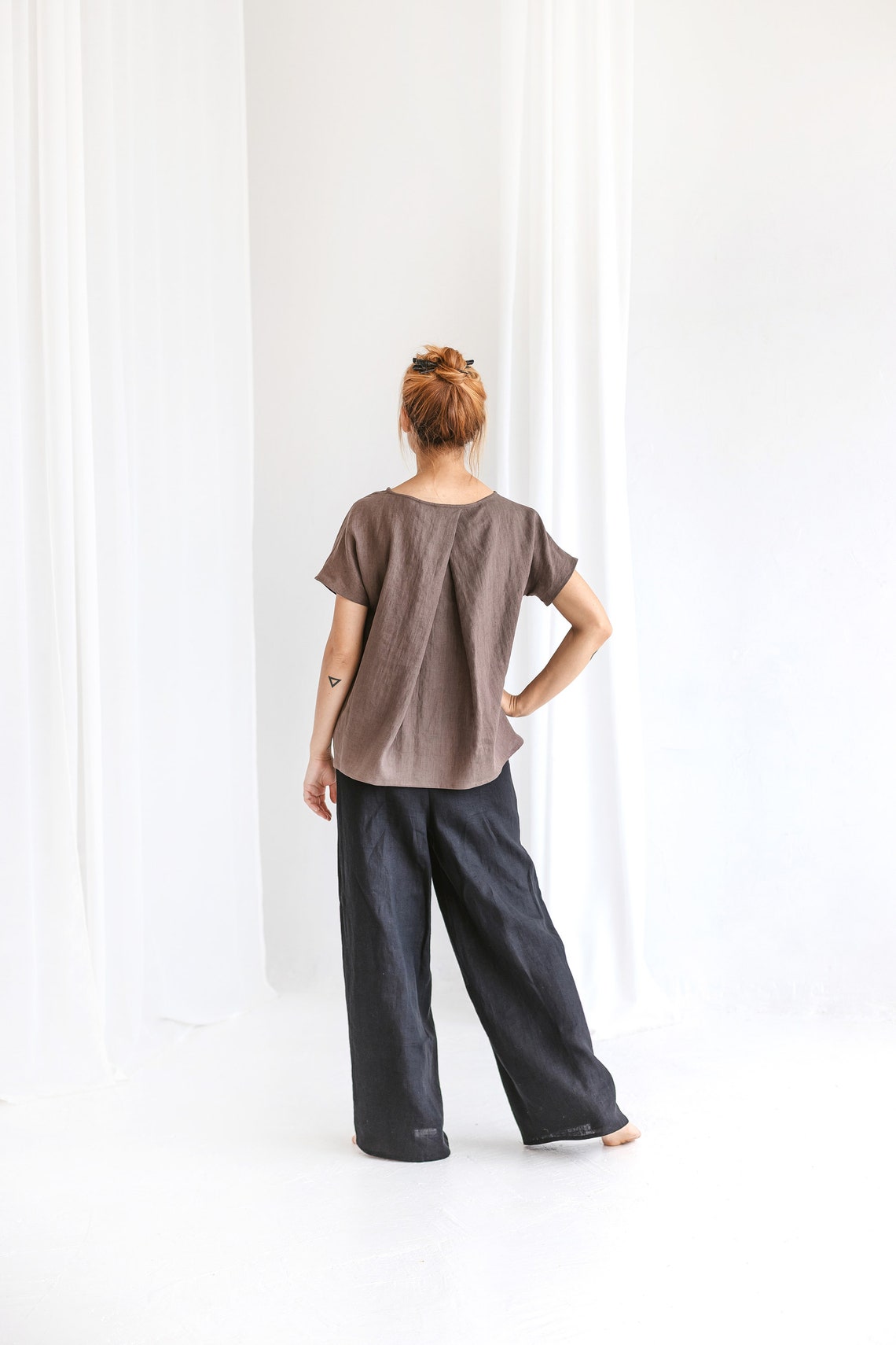 Kimono Sleeves Wide Linen Blouse / Loose Linen Top With Pleat - Etsy