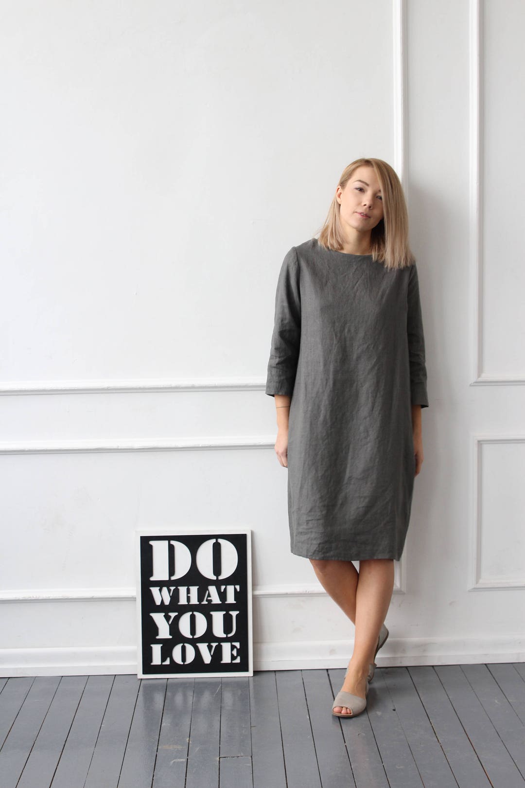 Loose Fit Linen Dress, Lithuanian Plus Size Linen Dress for Women, Gray