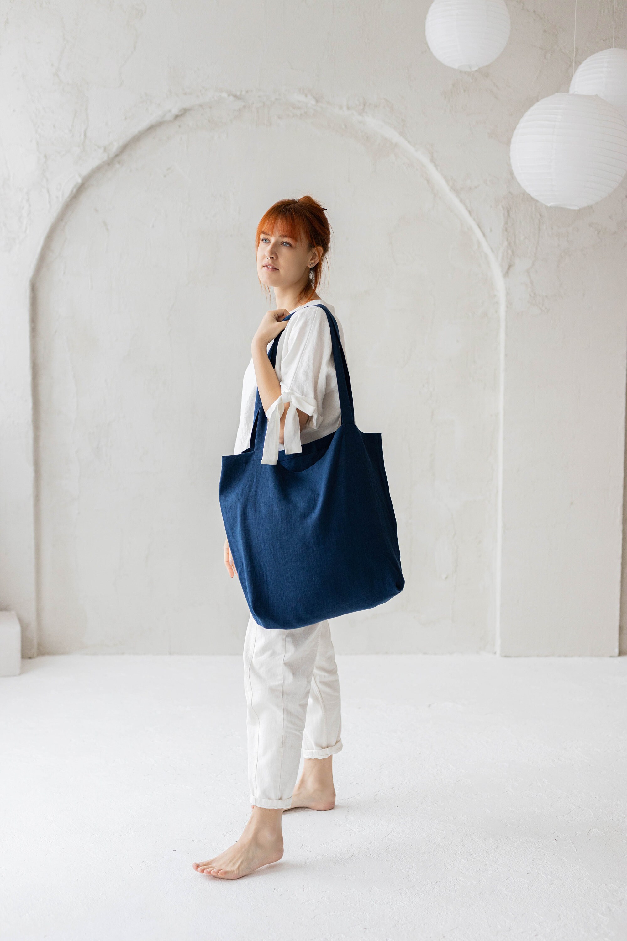 Navy Linen Tote Bag Large Linen Shoulder Bag Tyvek Tote -  Sweden