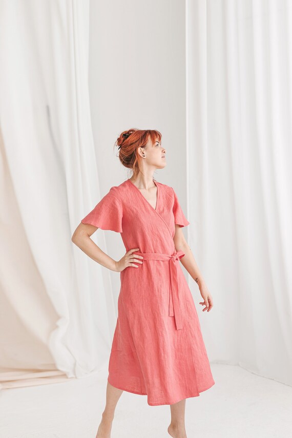 Pink linen top wrap dress