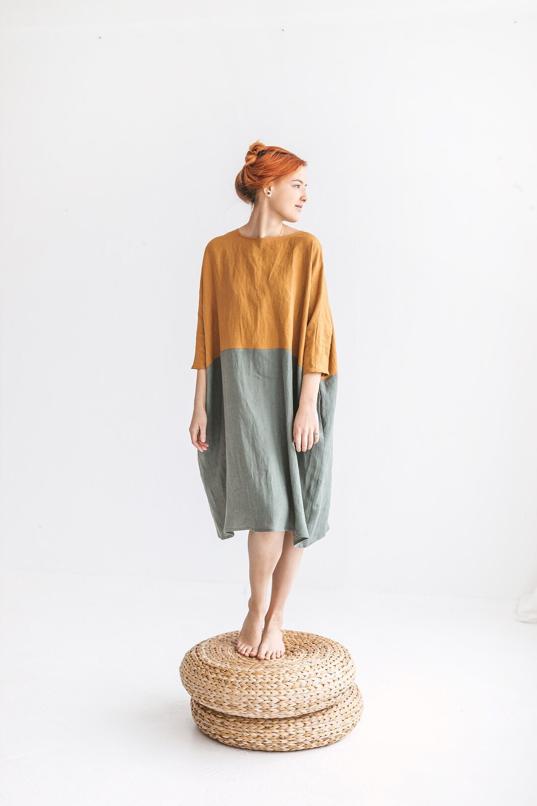 Linen Extra Wide Oversize Dress in Two Colour Blocks / Japan Style