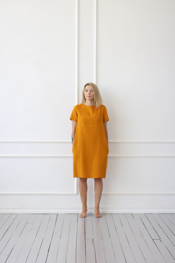 Linen Mustard Dress Short Sleeve Dress With Pockets Loose - Etsy