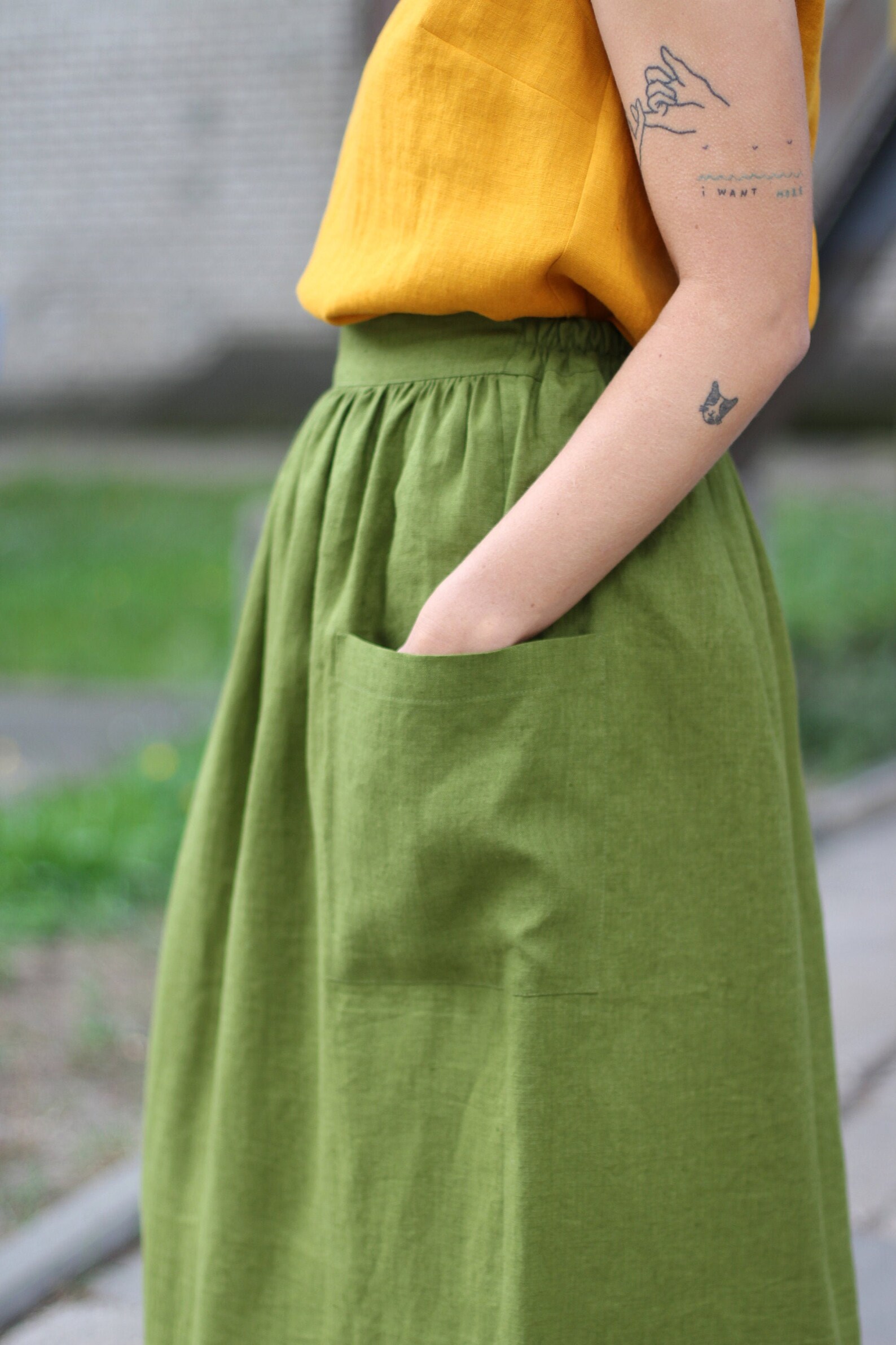 Linen MIDI Skirt With Pockets Linen Skirt With Elastic Waist Etsy