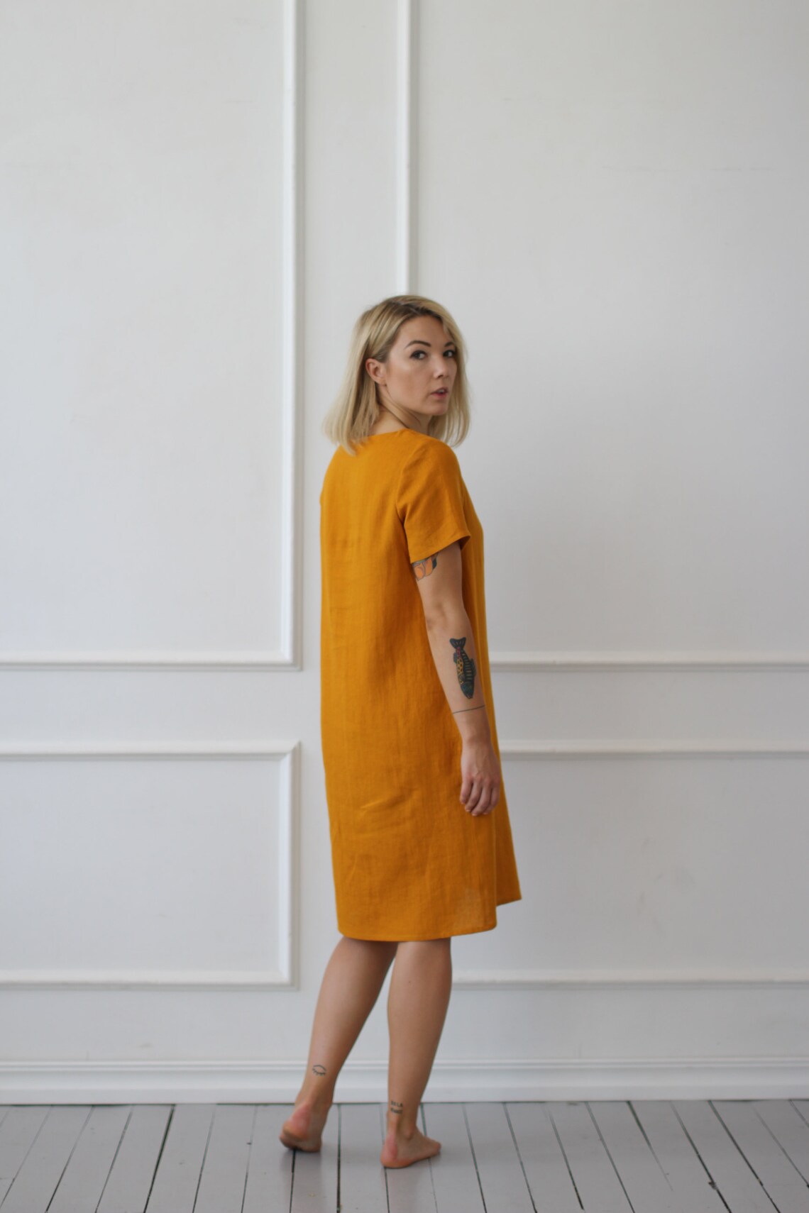 Linen Mustard Dress Short Sleeve Dress With Pockets Loose Etsy