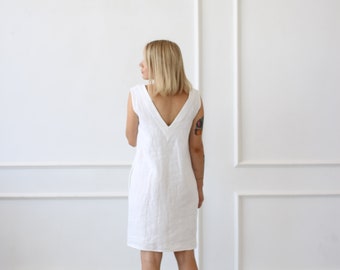 White Linen Dress for Women, ELENA, Shift Sleeveless Dress, Linen deep v neck