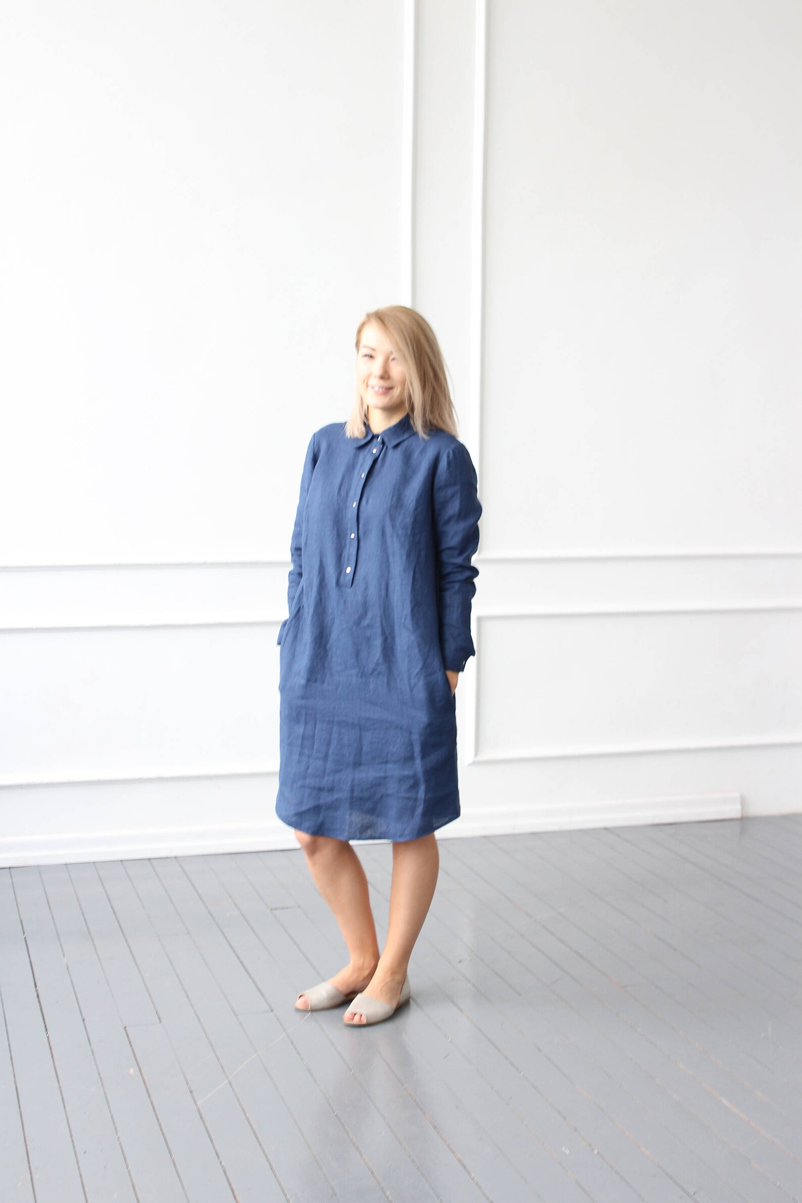 Linen Shirtdress With Long Sleeves and Pockets Collared Dress Etsy