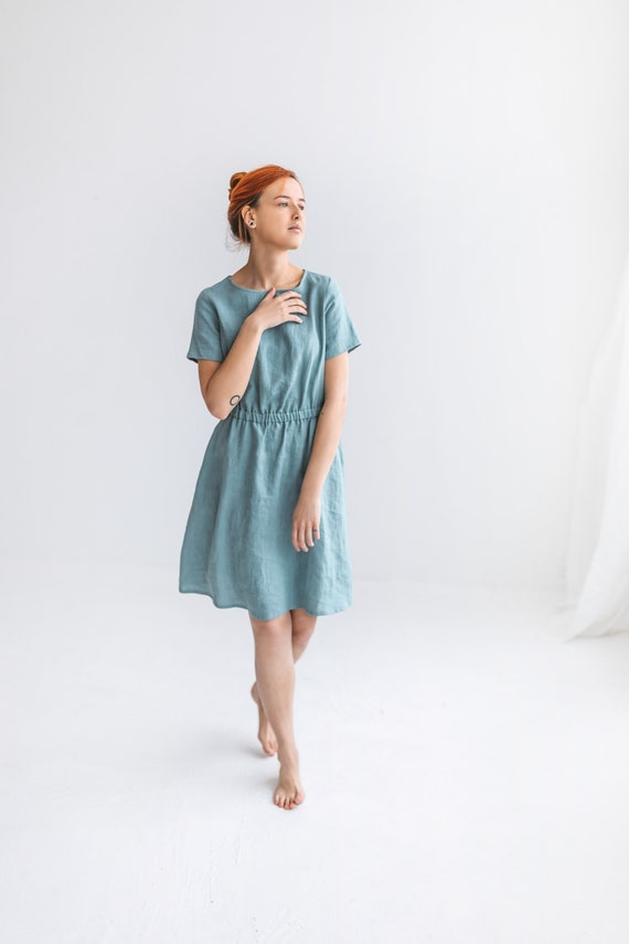 Linen A Line Dress With Short Sleeves With Pockets, Dress for