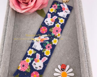 Hasen und Blumen Peyote Muster - Even Count | Armband PDF Muster | Rocailles Muster | Peyote Perlenmuster | schwarz