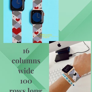 以下が含まれることがあります： グレー、白、赤の幾何学模様で、ハートが描かれたビーズ製のApple Watchバンド。バンドの幅は16列、長さは100列です。