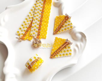 夏の明るいビーズパターンセット｜ブレスレット＋凧のイヤリング＋ボーナスリング｜ペヨーテステッチのPDFチュートリアル