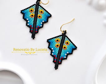 Modèle PDF de boucles d'oreilles papillon bleu, boucles d'oreilles cerf-volant, motif de perles Peyote et chevrons.