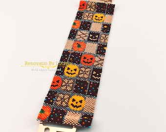 Pumpkins and Confetti PDF Bracelet Pattern, Halloween Motif, Beginner Peyote Beading Pattern, Miyuki Delica 11/0