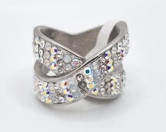 Edelstahl Ring Kristalle Weiß Crystal Silver  mit Swarovski® Kristallen (SCR43)