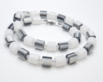 Kette Polaris Perlen Walzen Schwarz / Weiß Zebra gestreift Polarisperlenkette Perlenkette mit Primero® Kristallen Zebraperlen (775)