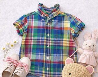 Childs Reworked Ralph Lauren Plaid Shirt | Ruffle Collar Upcycled Blouse