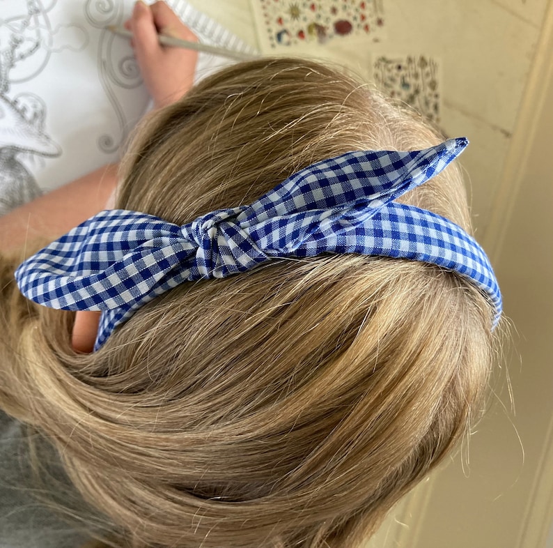 May include: A blue and white gingham headband tied in a knot on top of the head.