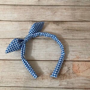 May include: A blue and white gingham headband with a knotted bow.