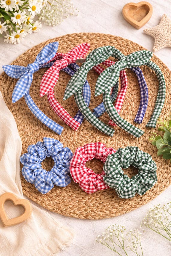 School Gingham Hairband with side bow and matching scrunchie gift set