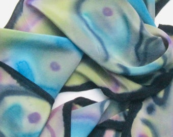 Hand painted silk blouse or shirt neck scarf, chartreuse turquoise purple and darkest dark blue.  Small painted yellow green navy blue scarf