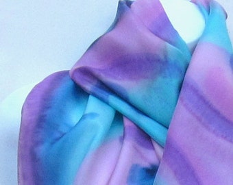 Silk scarf or wrap, very large, handpainted: turquoise, magenta, cobalt and violet.  Giant handpainted silk scarf in magenta and turquoise.