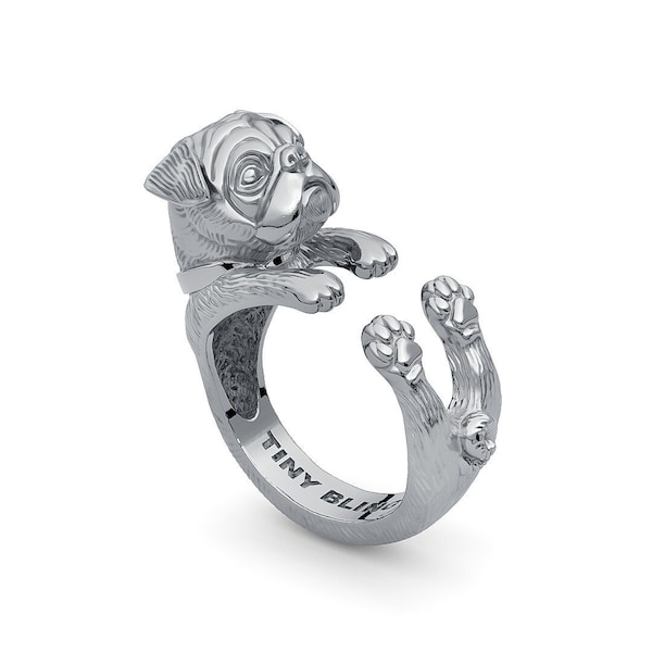 Handmade Pug Cuddle Wrap Ring- Sterling Silver- 14k Gold