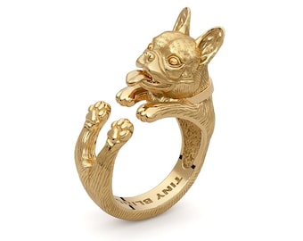 French Bulldog Cuddle Wrap Ring in your choice of 14K, 18K, Platinum or Silver Handmade by TinyBling Jewelry