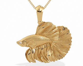 14K Yellow Gold Male Betta Siamese Fighting Fish Pendant 1 inch with Diamond Eyes - A Freshwater Fish Beauty