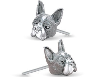 Boston Terrier Earring Studs in Sterling Silver Handmade by TinyBling - SALE