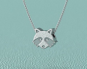 Diamond Raccoon Necklace Pendant in Sterling Silver Great Gift for Wildlife Enthusiast and all animal lovers