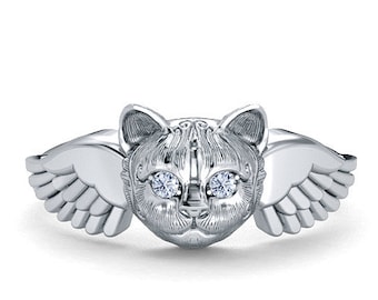 Diamond kitty cat memorial angel wings ring for all Cat and Animal Lovers